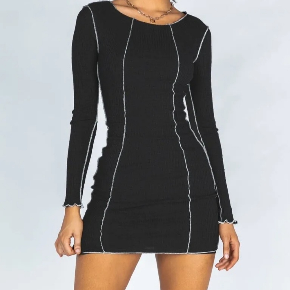 Princess Polly Dress Black Mini With White Stitching Long Sleeve Lined S…